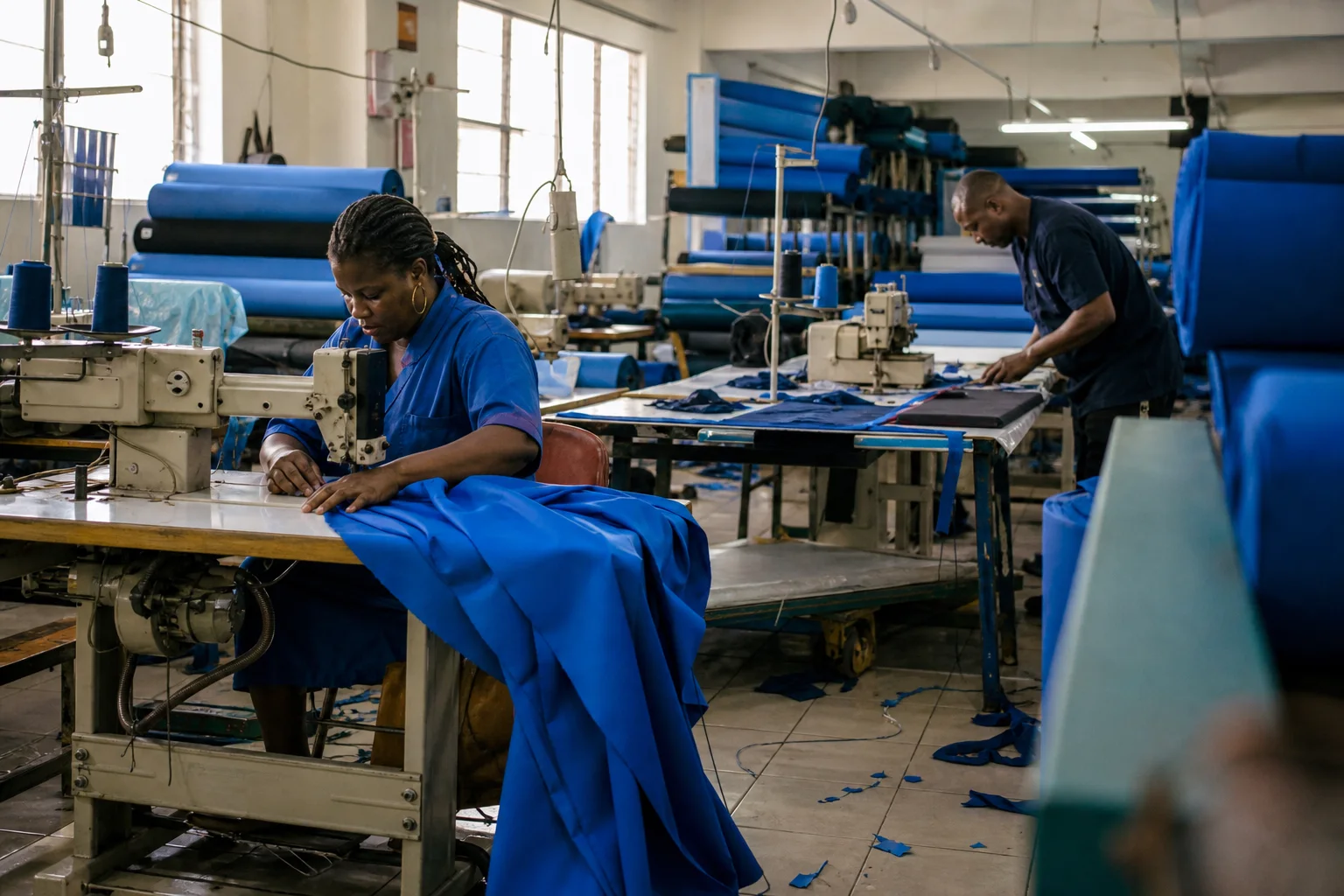 Confection d'un textile technique bleu à la machine à coudre